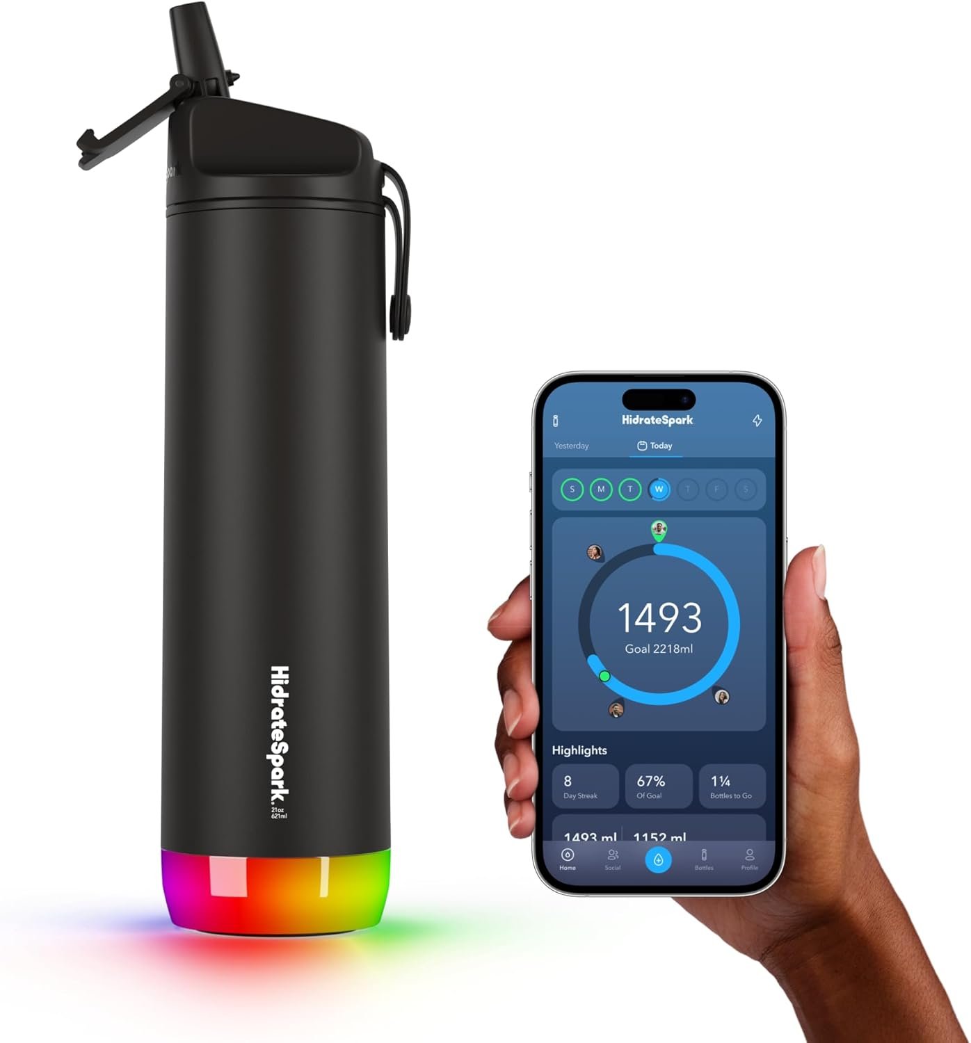 Hidrate Spark PRO Smart Water Bottle – Tracks Water Intake with Bluetooth, LED Glow Reminder When You Need to Drink – Straw Lid, 21oz, Black
