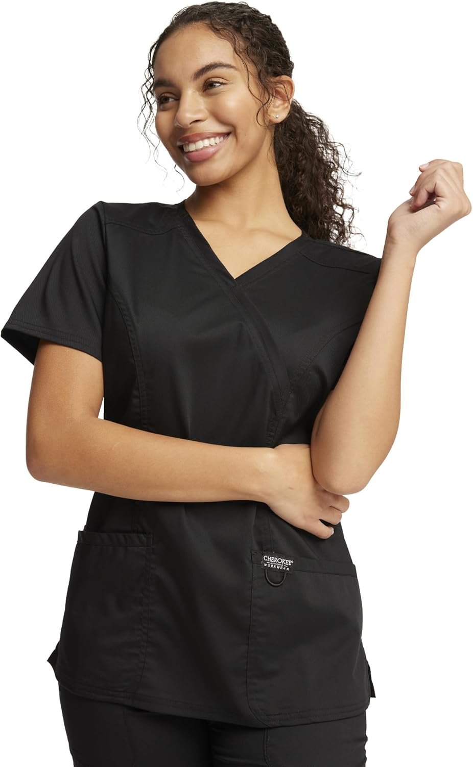 Cherokee Scrubs for Women Mock Wrap Top with 3 Pocket, Back Princess Seams WW610