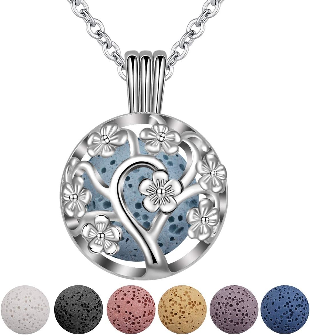 INFUSEU Sakura Tree Aromatherapy Necklace, Essential Oils Diffuser Locket Pendant with 7 PCS Lava Rock Stones and 24″ Link Chain