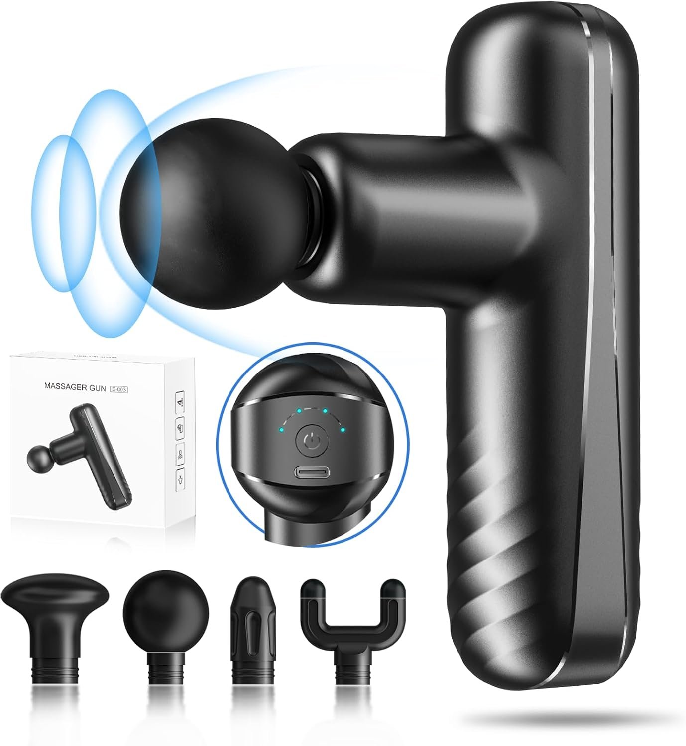 Mini Massage Gun for Deep Tissue Percussion – Portable Handheld Massager for Muscle Recovery with 4 Massage Heads High-Intensity Vibration Rechargeable Small Massage Gun