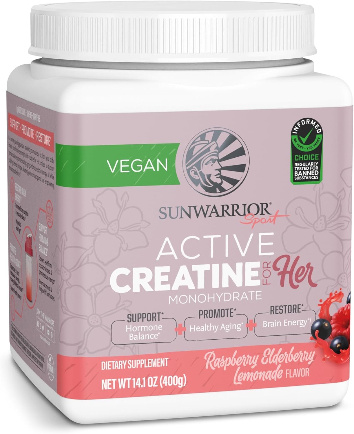 Sunwarrior Creatine for Women Monohydrate Powder Micronized Pre Workout Recovery Supplement Support Muscle Building Strength Training Cognition | Vegan and Easily Mixes 50 Servings, Raspberry Lemonade