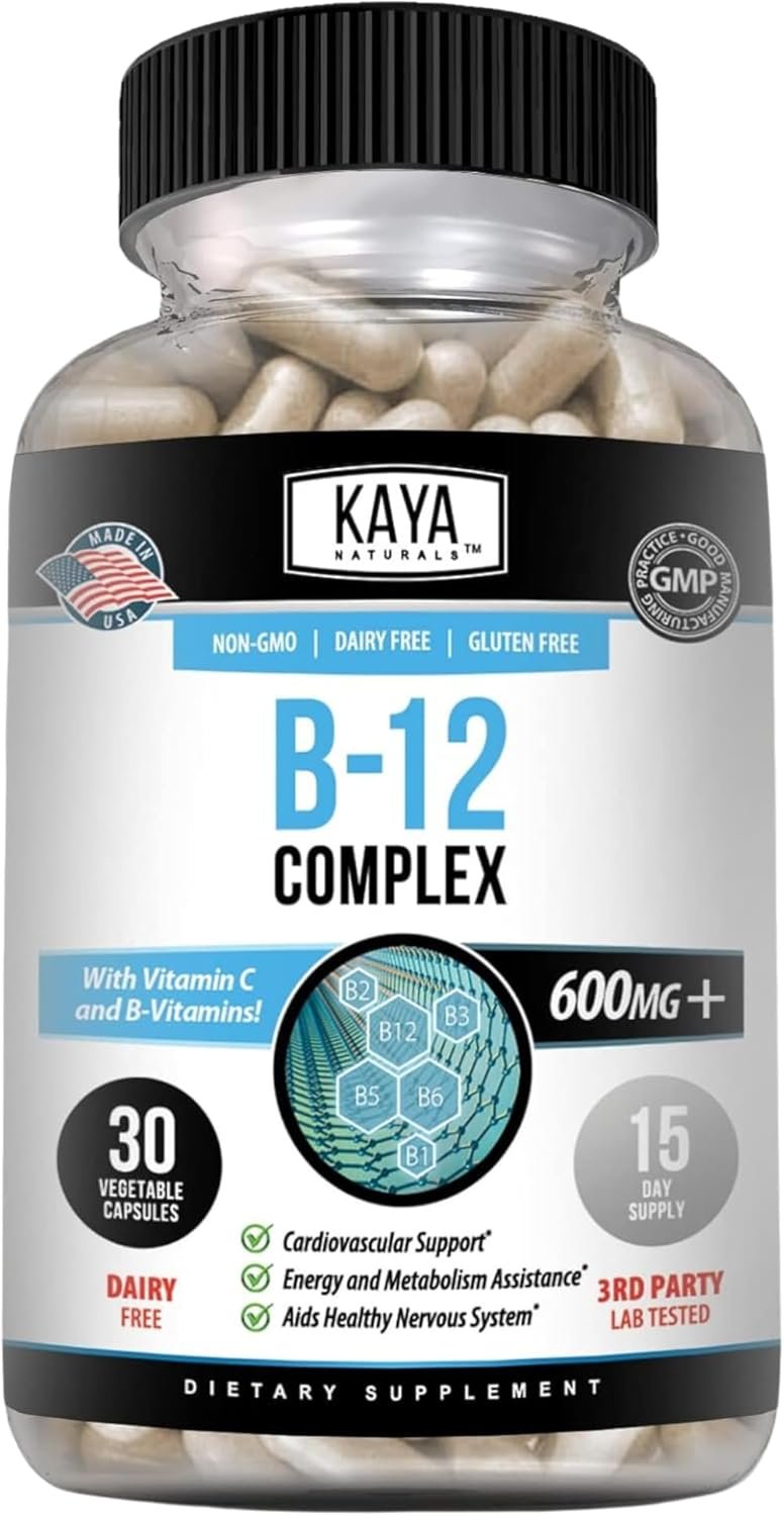 Kaya Naturals B-12 Complex | Multivitamin Supplement for Women & Men Energy and Metabolism Booster | B-Complex Vitamin with Biotin, Choline, Inositol, Folate, and Vitamin C – 30 Capsules