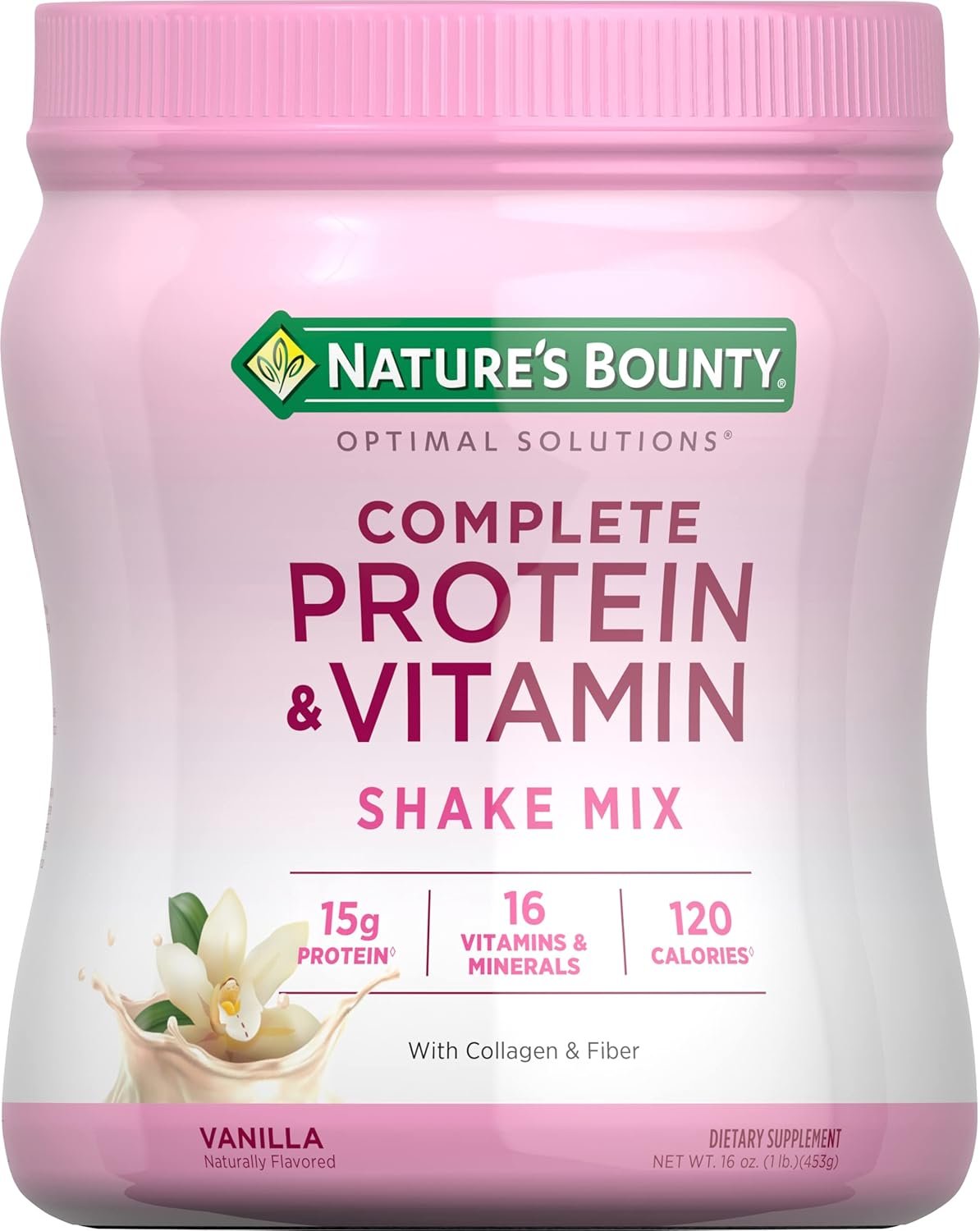 Nature’s Bounty Complete Protein & Vitamin Shake Mix with Collagen & Fiber, Contains Vitamin C for Immune Health, Vanilla Flavored,1 lb. 13 Servings