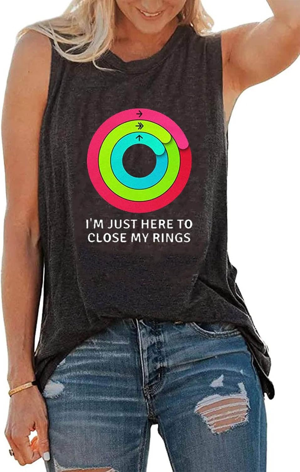 I’m Just Here to Close My Rings Tank Tops Women Rainbow Racerback Workout Tank Top Funny Letter Print Gym Tank