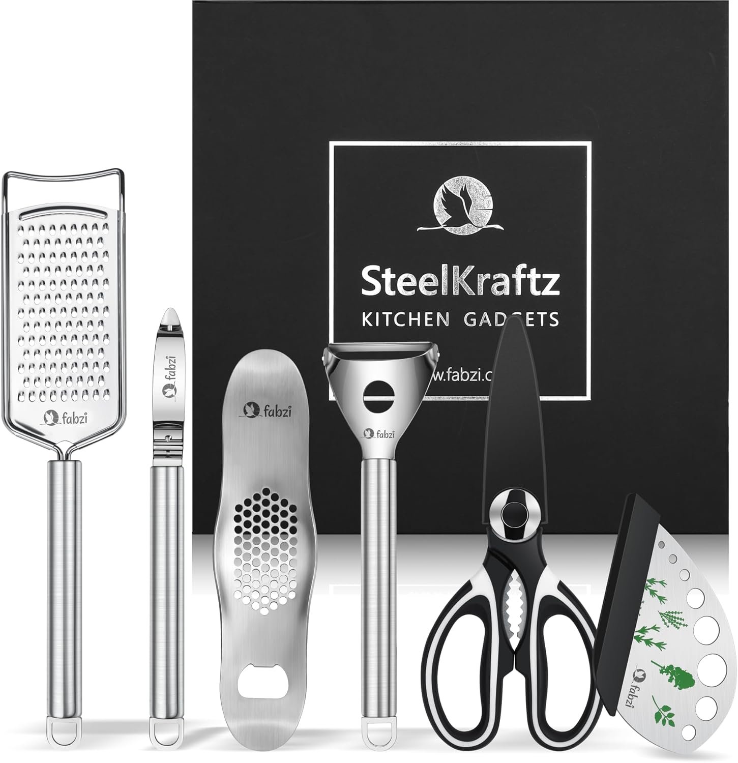 Kitchen Gadgets Kit – 6-in-1 Ergonomic, Stainless Steel Cutting Utensils – Cheese Grater, Herb Stripper, Garlic Crusher, Kitchen Scissors, I-Shaped and Y-Shaped Peeler