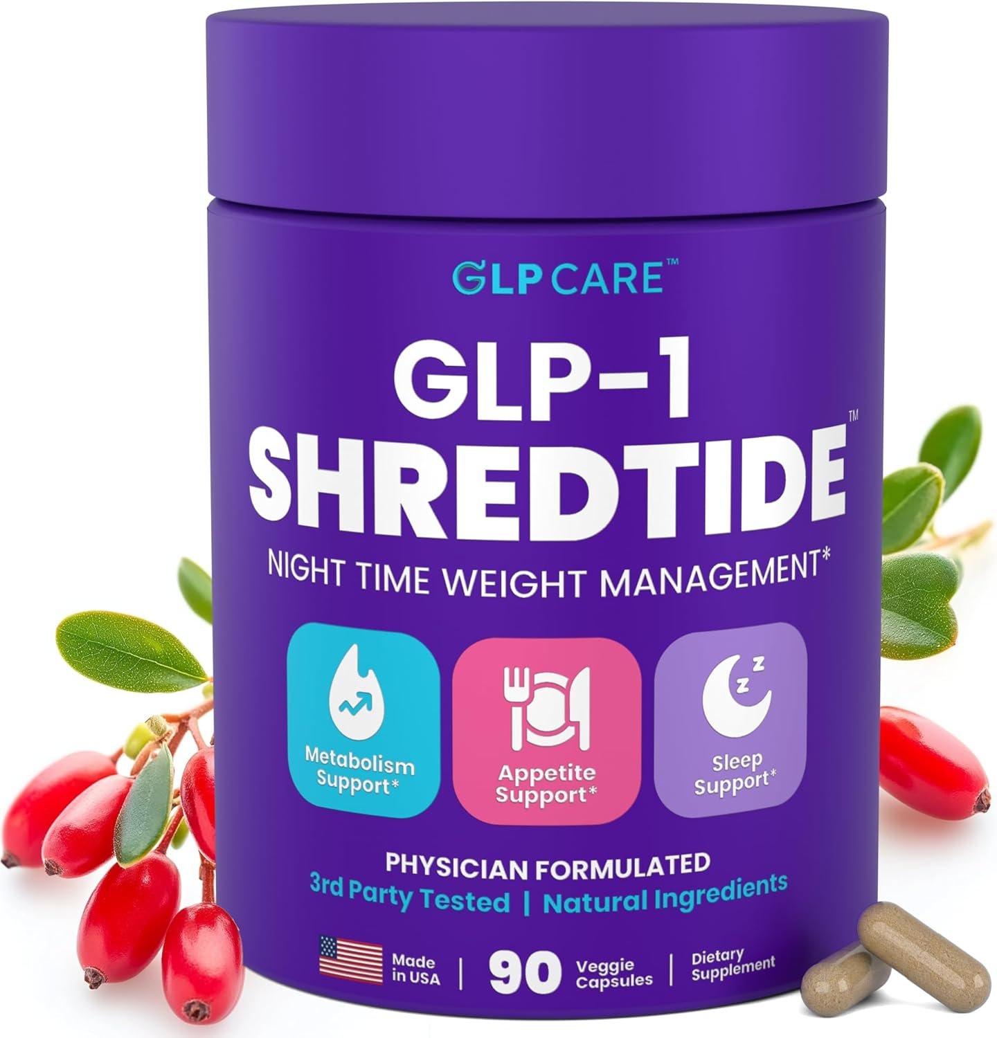 ShredTide GLP-1 Supplement for Metabolism & Sleep Support – with Berberine, CLA, Chromium, Chamomile, Melatonin | Formulated to Support GLP1 Naturally – Take 3 Capsule Before Bed – 90 Capsules
