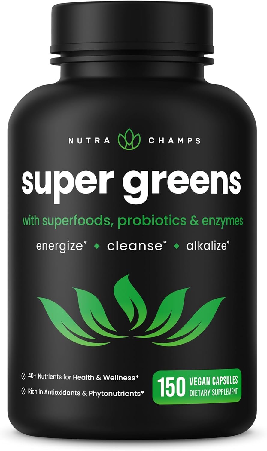 NutraChamps Organic Super Greens Capsules – Alfalfa, Spirulina, Chlorella & More – Antioxidant, Digestive Enzyme & Probiotic Blends – 150 Green Superfood Capsules