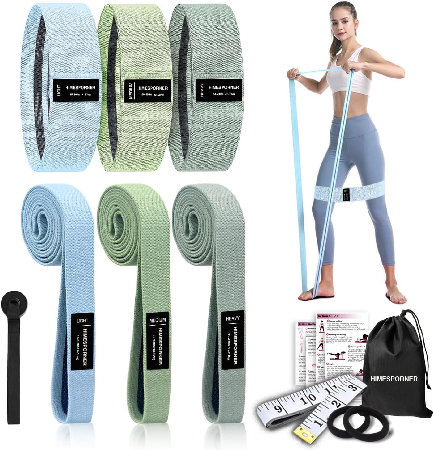 Wide Fabric Resistance Bands Set for Working Out, Non-Slip Exercise Booty Bands for Women & Men Leg and Glutes with Hair Ties and Tape Measure – for Home Gym Workout, Yoga, Pilates
