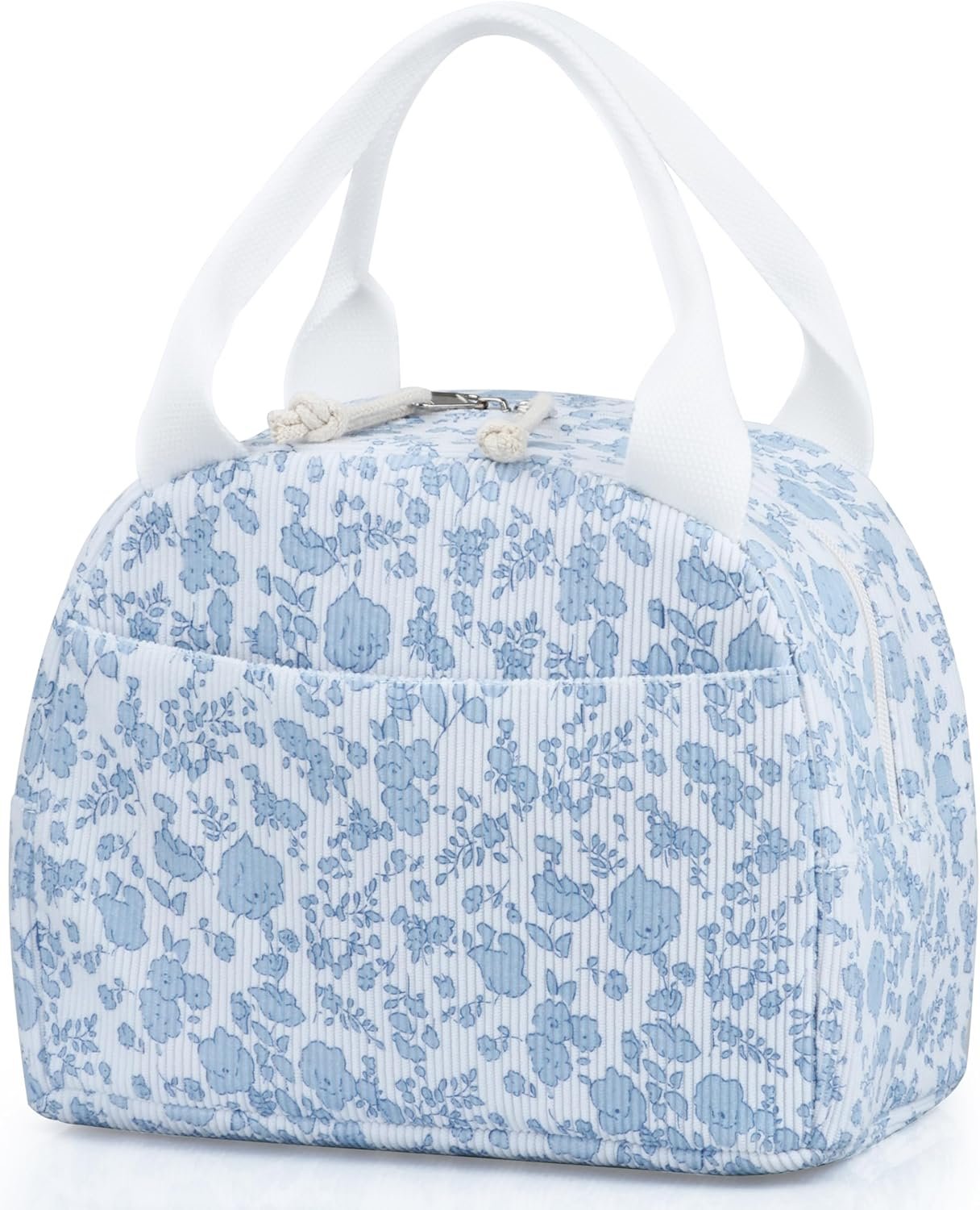 Lunch Bag – Insulated Lunch Box for Women, Reusable Large Capacity Cooler Bag for Adult, Small Leakproof Cute Corduroy Lunch Tote for Work Office Travel Picnic (Corduroy Blue-Flower)