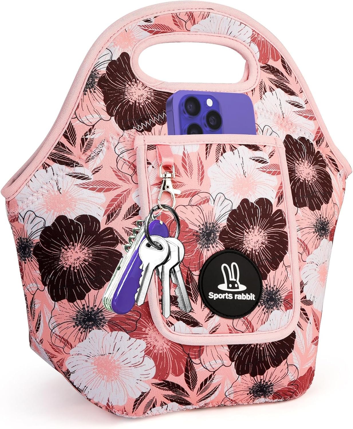 Sports Rabbit Neoprene Insulated Lunch Bag for Women – Front Pocket for Phone&Keys – Reusable, Foldable, Lightweight, Waterproof, Easy to Store & Clean – Ideal for Work, Travel & Picnics (Pink Floral)