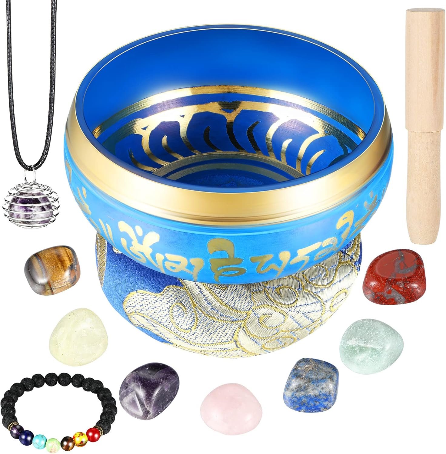 BBTO Tibetan Singing Bowls Set for Healing 3.4” Meditation Sound Bath Bowl 7 pcs Chakra Crystal Stones Mallet Cushion Chakra Bracelet Pendant(Blue)
