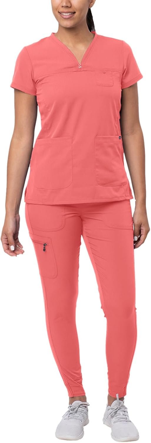 Adar Pro Movement Booster Scrub Set for Women – Sweetheart V-Neck Scrub Top & Yoga Jogger Scrub Pants