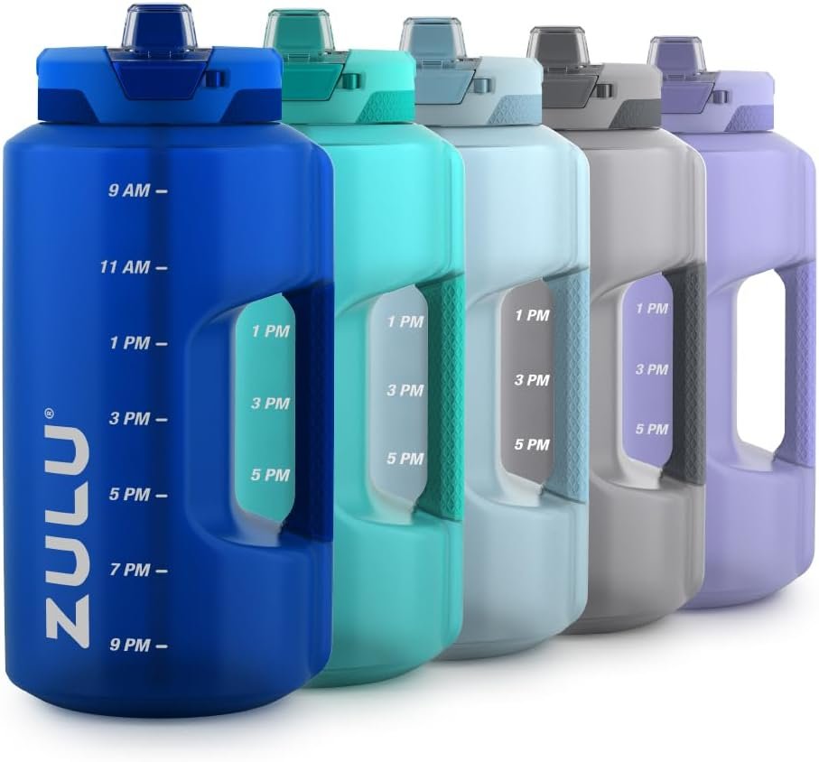 ZULU Goals Large Water Bottle Jug with Time Marker & Handle for All Day Hydration | Silicone Soft Straw with Locking Leak-Proof Lid | For Gym, Camping, Workout, and Outdoors | BPA-Free | 64oz, 128oz