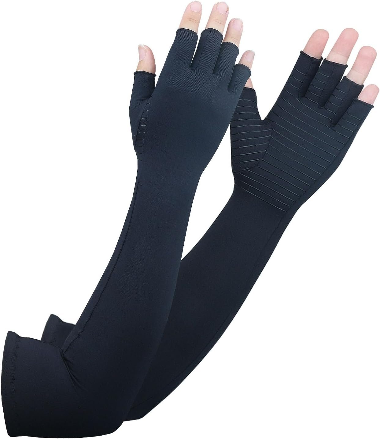 Long Arthritis Compression Gloves for Women Men, Copper Gloves for Joint Pain Relief, Swelling, RSI, Fingerless Carpal Tunnel Glove for Work, Computer Typing, Support Hands, Wrist and Arms (Medium)