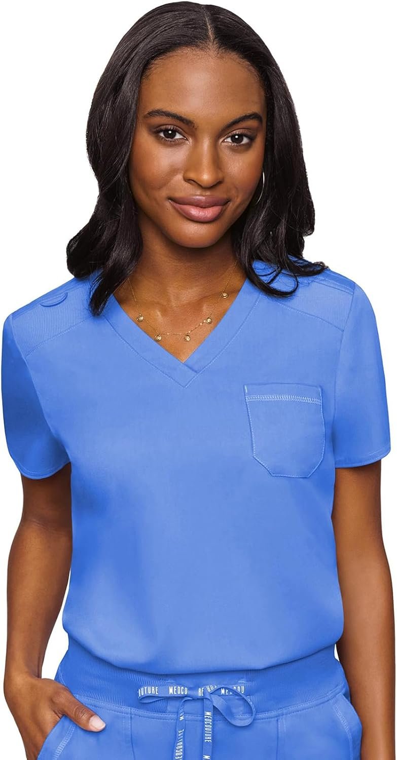 Med Couture Women’s V-Neck Scrub Top, Modern Fit Tuck-in Top with Stretchy Rib-Knit Shoulders and Chest Pocket – MC7448