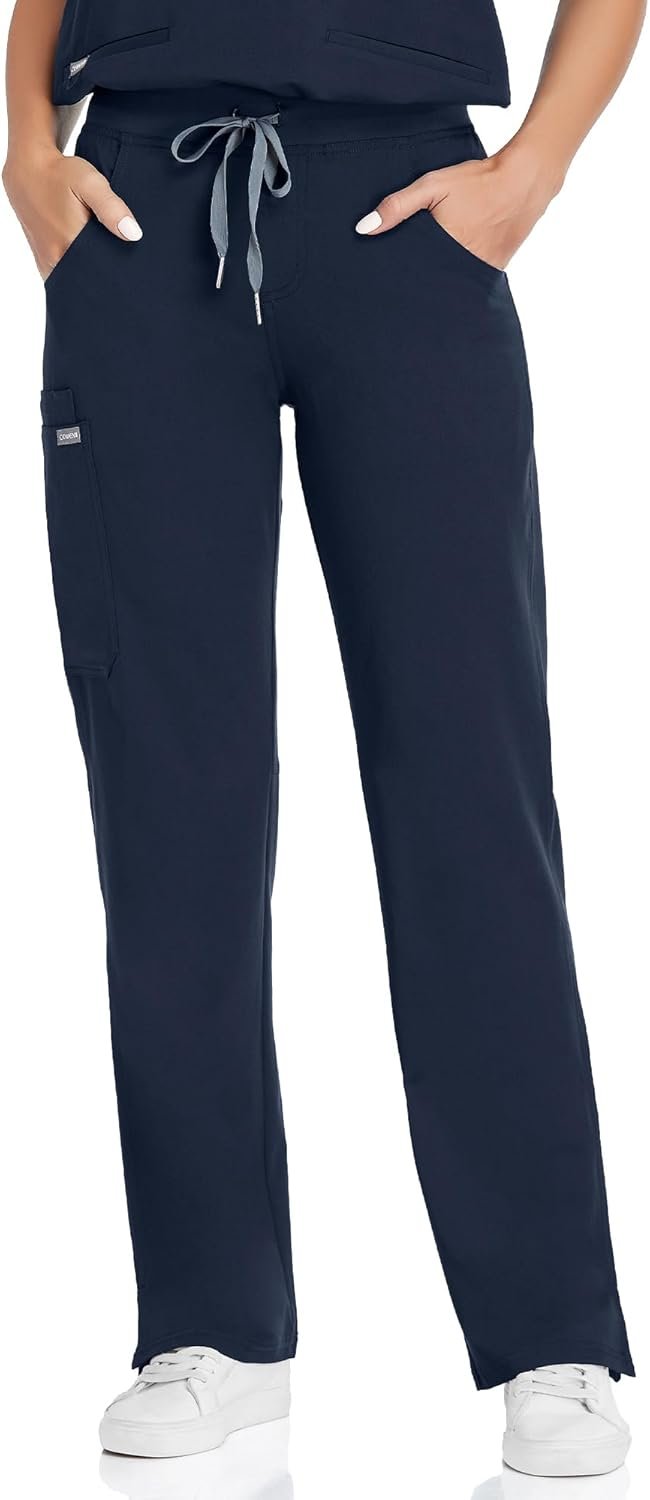 COMENII Scrubs for Women, Mid Rise Straight Leg Cargo Pants with Knit Yoga Waistband, Anti-Wrinkle Womens Scrubs Pants