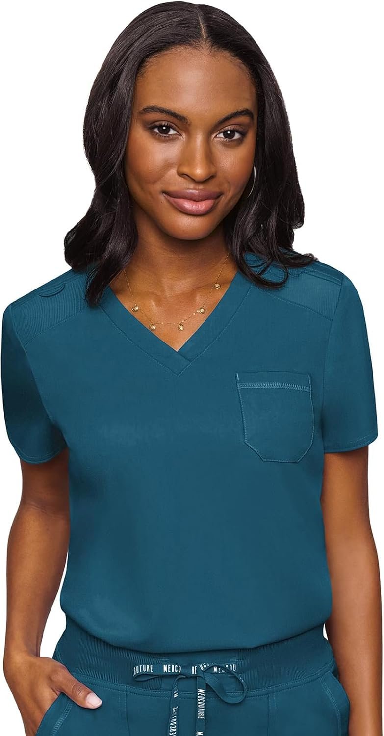 Med Couture Women’s V-Neck Scrub Top, Modern Fit Tuck-in Top with Stretchy Rib-Knit Shoulders and Chest Pocket – MC7448