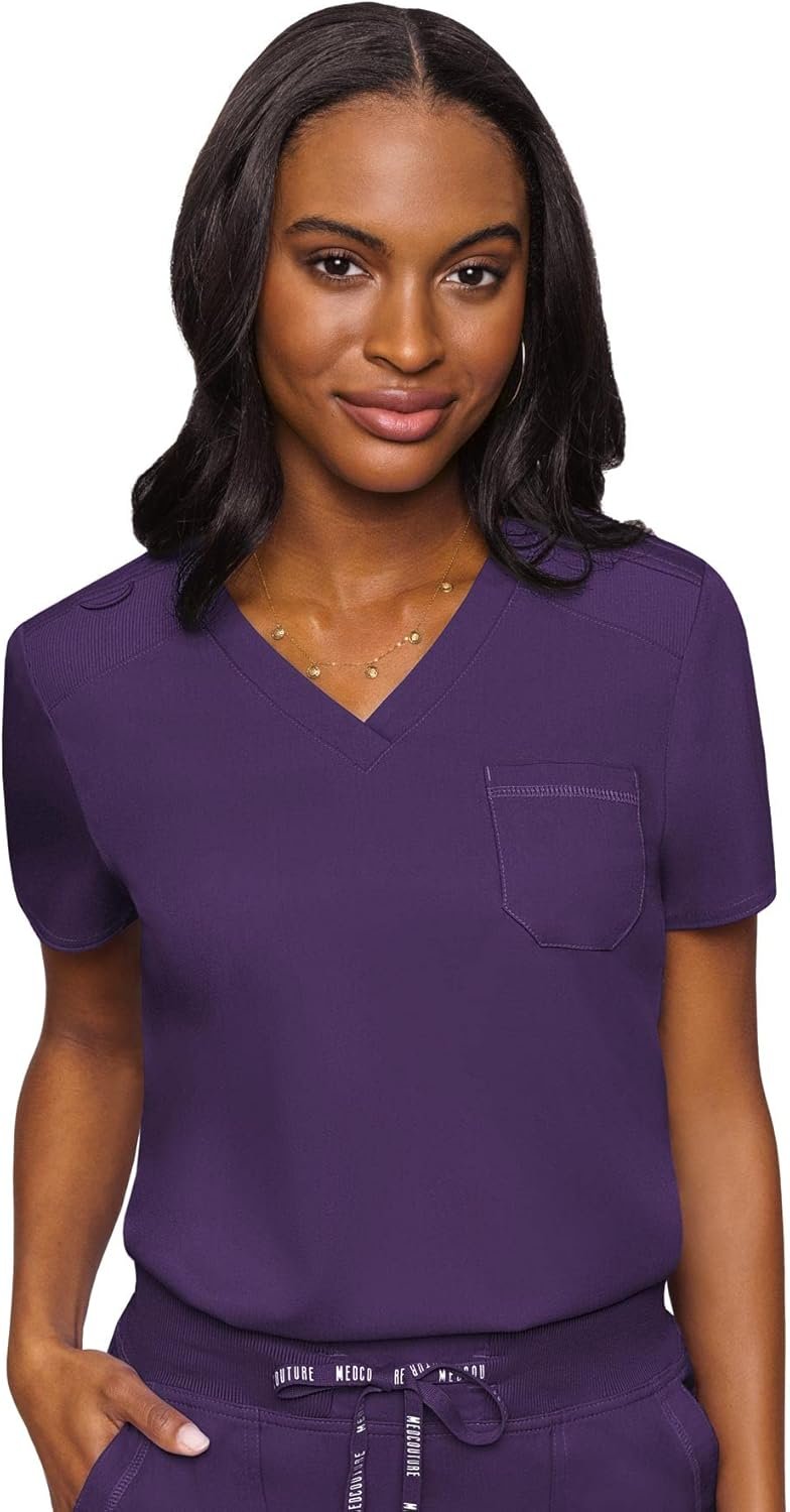 Med Couture Women’s V-Neck Scrub Top, Modern Fit Tuck-in Top with Stretchy Rib-Knit Shoulders and Chest Pocket – MC7448