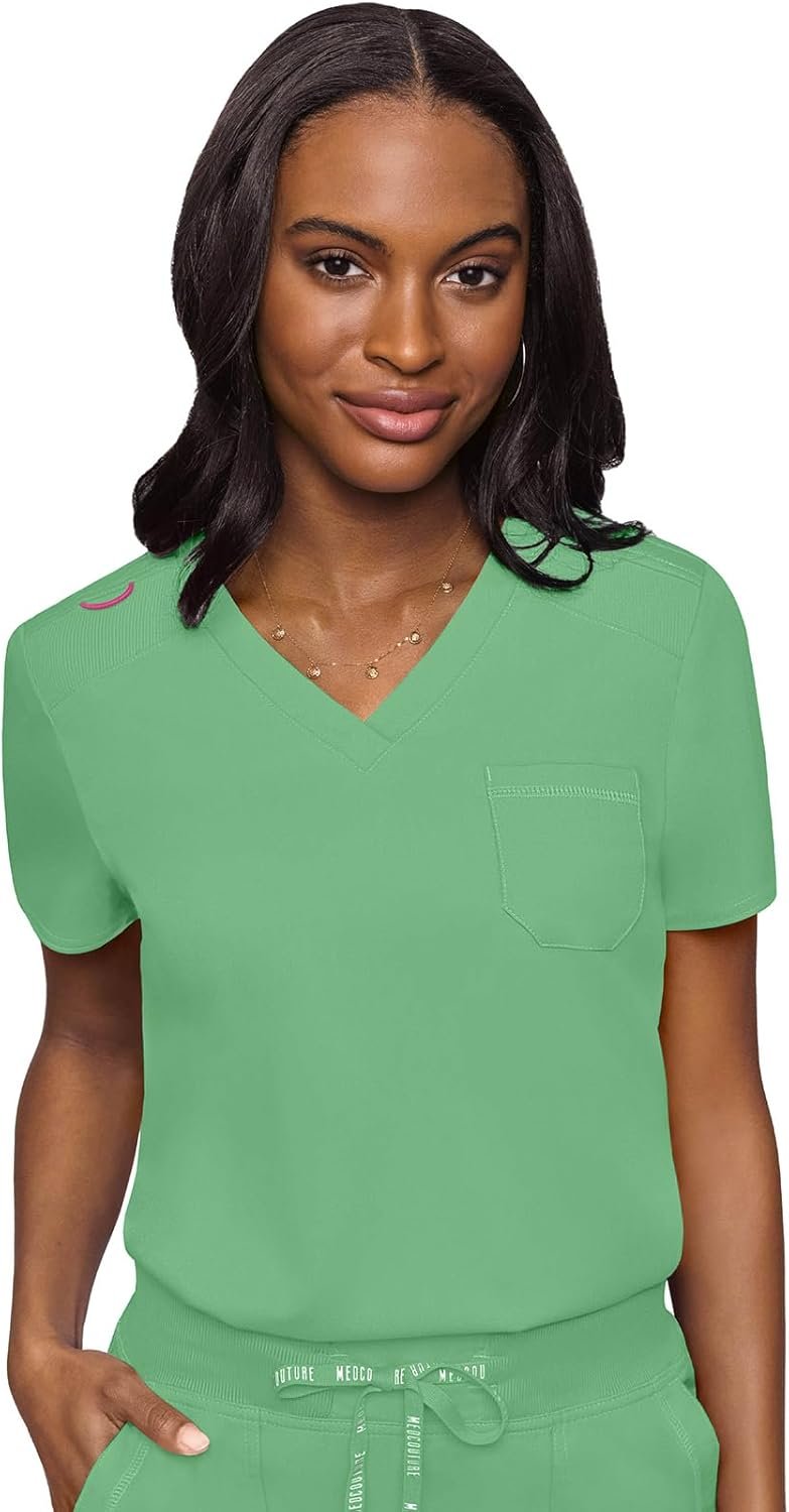 Med Couture Women’s V-Neck Scrub Top, Modern Fit Tuck-in Top with Stretchy Rib-Knit Shoulders and Chest Pocket – MC7448