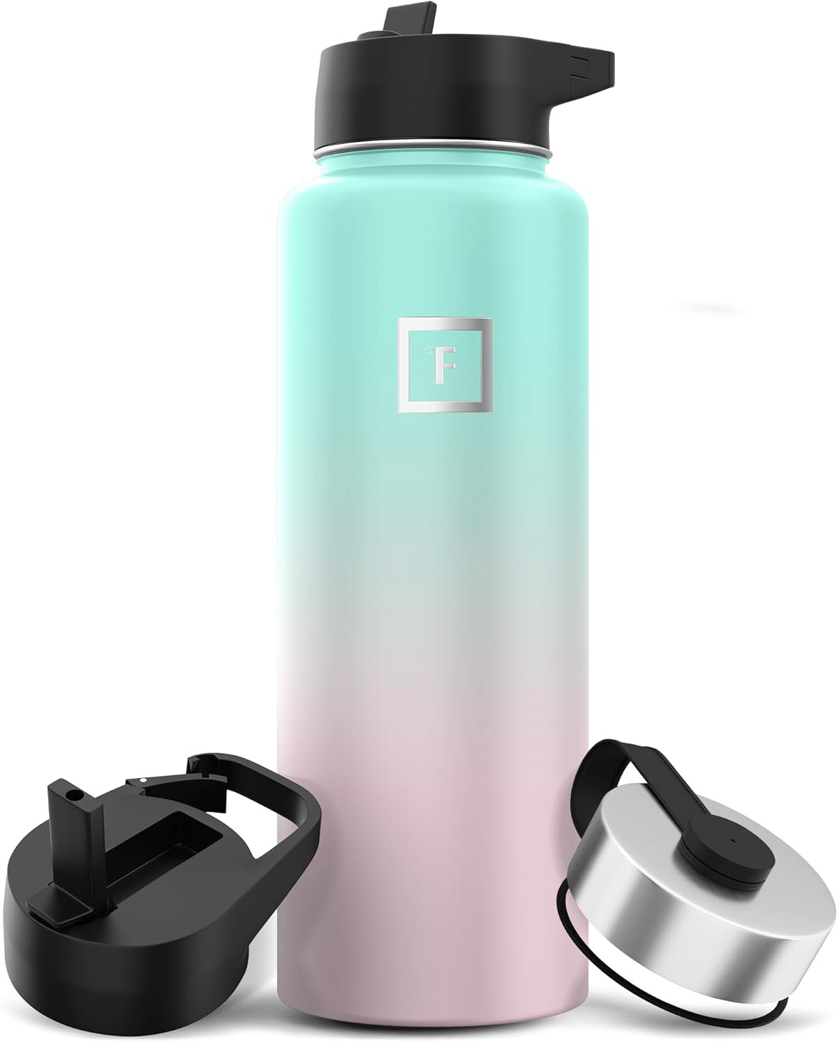 IRON °FLASK Camping & Hiking Hydration Flask with 3 Lids – Stainless Steel, Double Walled & Vacuum Insulated Water Bottle – Leak Proof & BPA Free (Bubble Gum, Straw – 40 oz)