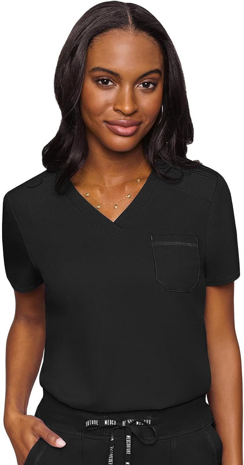 Med Couture Women’s V-Neck Scrub Top, Modern Fit Tuck-in Top with Stretchy Rib-Knit Shoulders and Chest Pocket – MC7448