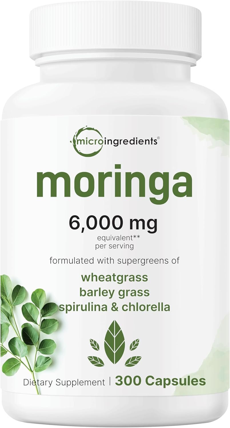Moringa Oleifera 6,000mg Equivalent | 300 Capsules with Supergreens Blend of Wheatgrass, Barley Grass, Spirulina, & Chlorella | Antioxidant Supplement, Energy, & Immune Support | Non-GMO
