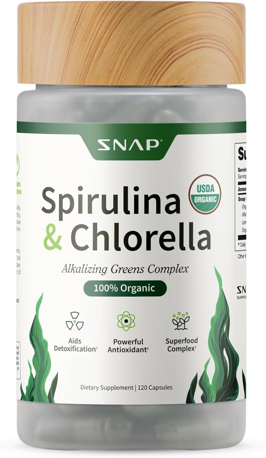 Snap Supplements Organic Spirulina and Chlorella Capsules, Chlorophyll and Protein Rich Blue Green Algae Superfood Supplement for Energy and Immune Support, Vegan, Non GMO, Greens Blend, 120 Capsules