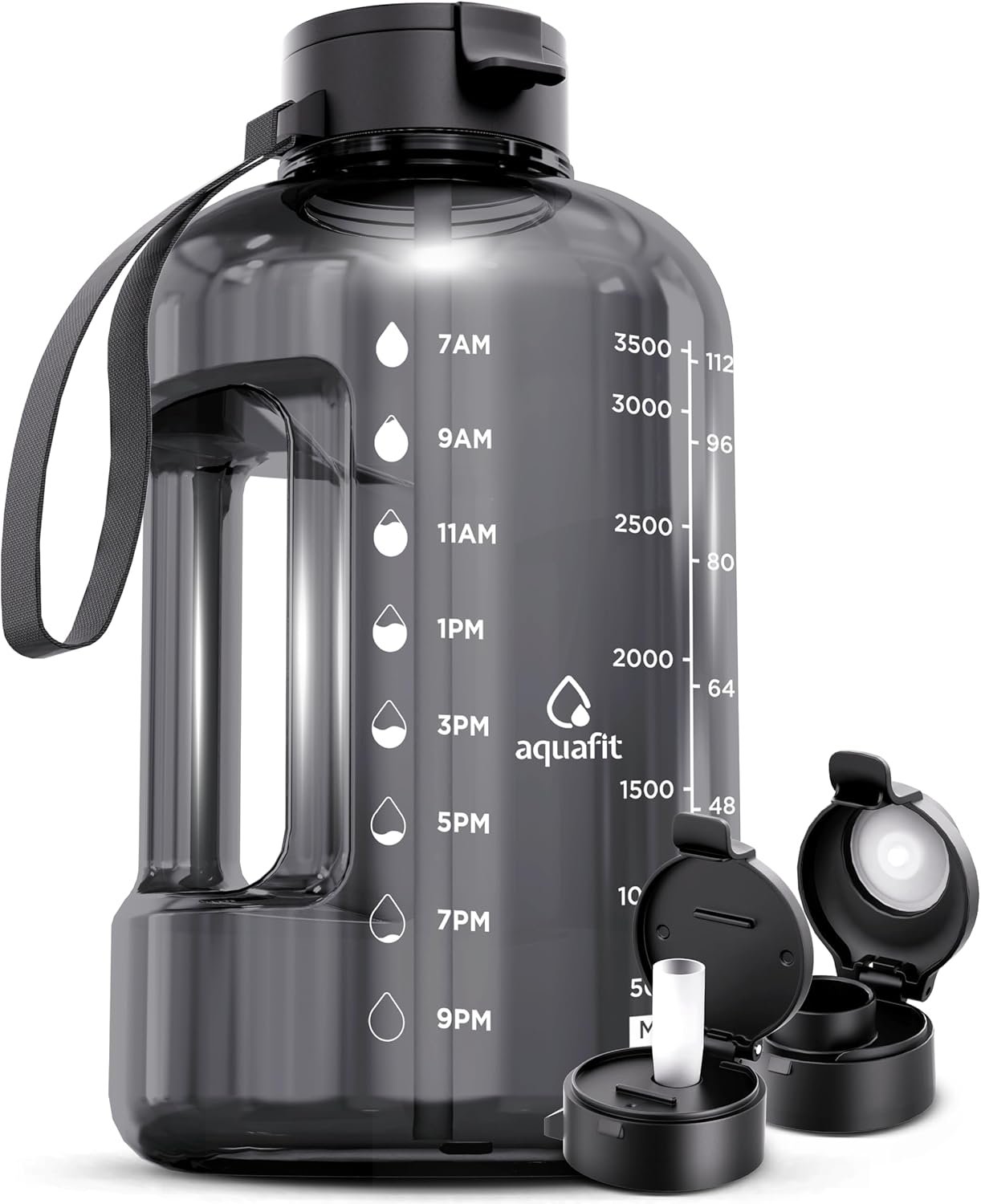 AQUAFIT 1 Gallon Water Bottle with Time Marker – Straw & Chug Lid – BPA Free Big Water Bottle with Straw – Gym Water Bottle with Handle – Gallon Water Jug (128 Ounces, Gray)