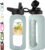 CIVAGO 32 oz Glass Water Bottle with Straw and Handle, Large Sports Motivational Water Bottle Flask with Time Marker and 2 Lids, Leakproof Water Jug Canteen with Silicone Sleeve for Gym,Sage…